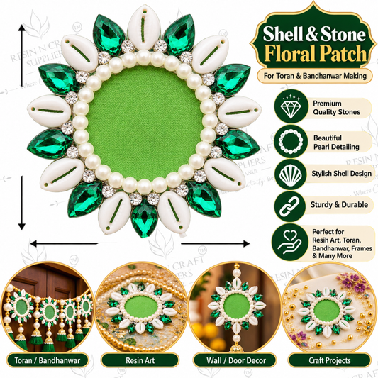 Green Shell & Stone Floral Patch – Pearl Embellishment for Toran, Bandhanwar & Resin Art