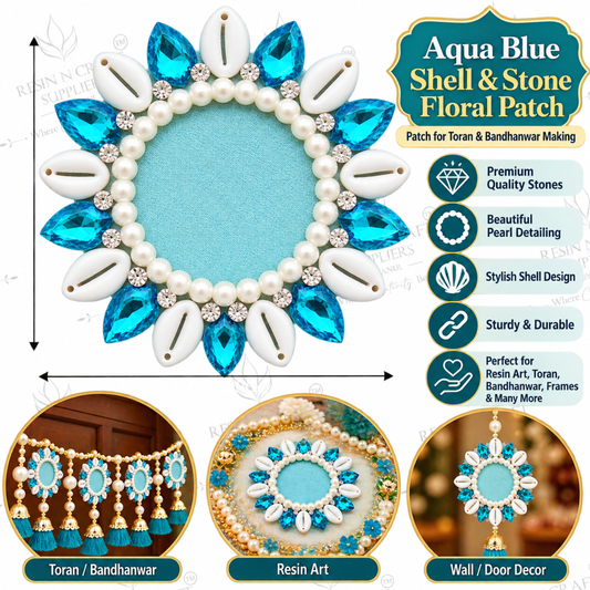 Aqua Blue Shell & Stone Floral Patch – Pearl & Rhinestone Embellishment for Toran, Bandhanwar & Resin Art