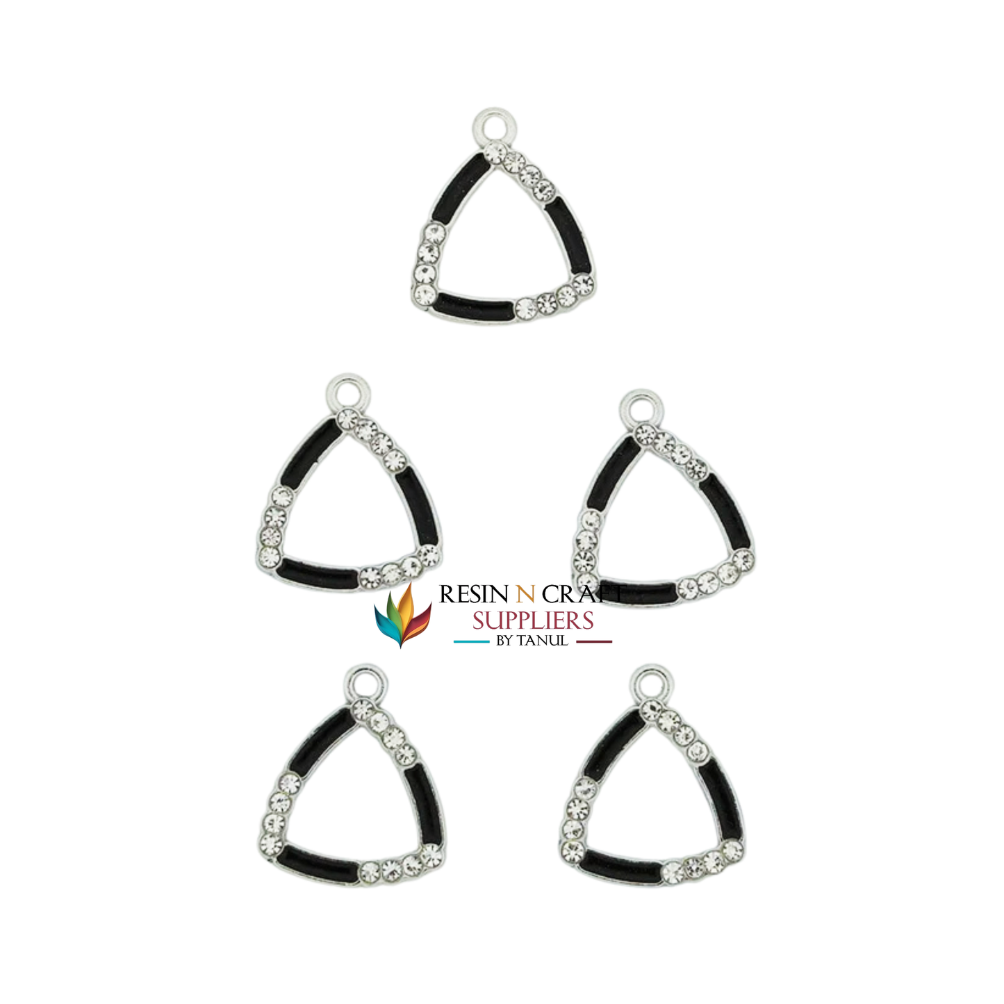 5Pcs Triangle Shape Charm Bezels With Black Enamel. (RBZ306) (SILVER)