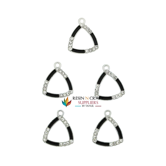 5Pcs Triangle Shape Charm Bezels With Black Enamel. (RBZ306) (SILVER)