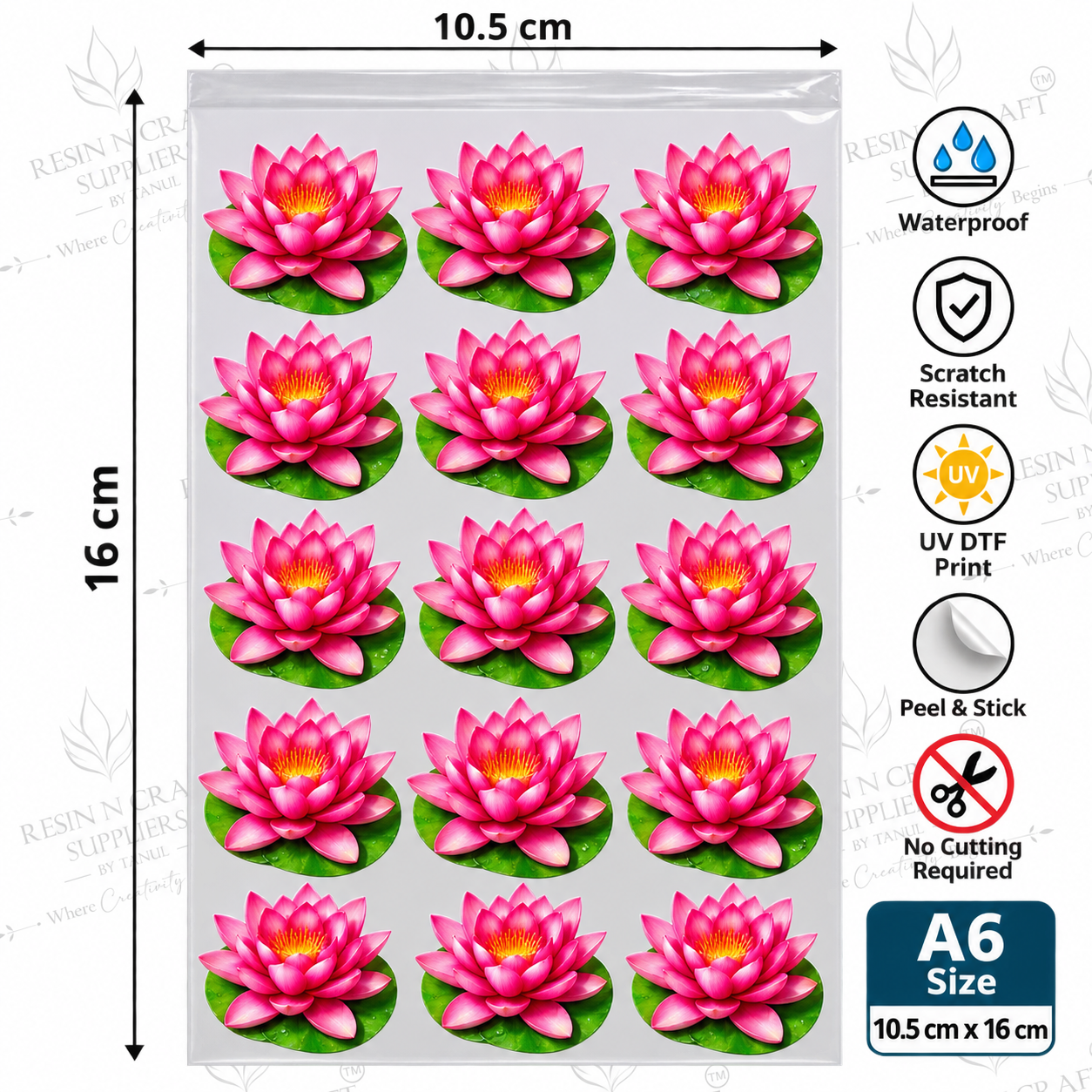 Pink Lotus Flower Peel & Stick UV DTF Sticker Sheet A6 – Waterproof Floral Stickers for Bottles, Crafts & Décor | UVS-187