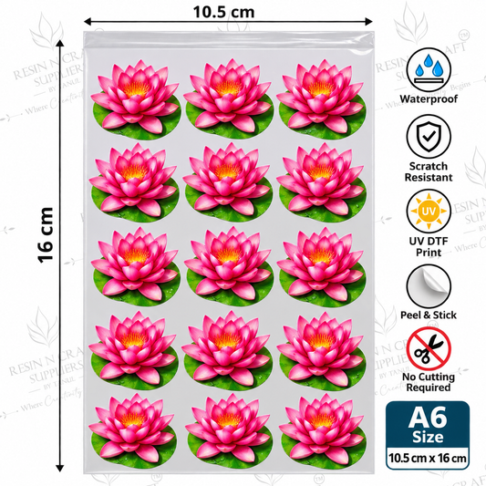 Pink Lotus Flower Peel & Stick UV DTF Sticker Sheet A6 – Waterproof Floral Stickers for Bottles, Crafts & Décor | UVS-187