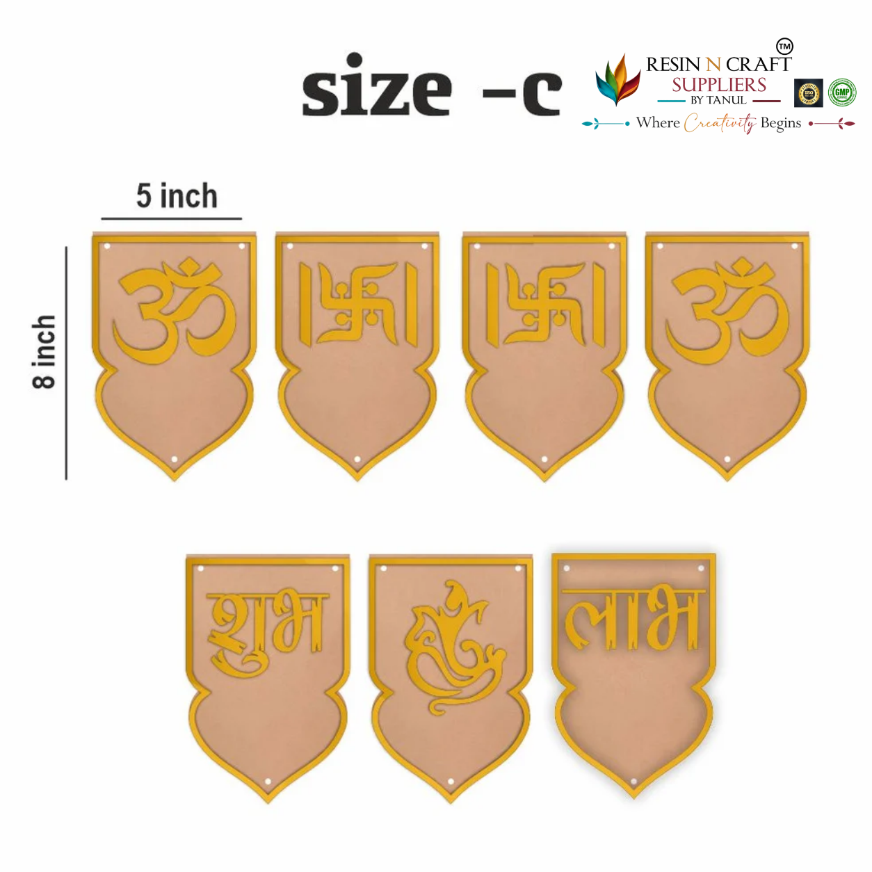 MDF Shubh Labh Toran Raw Set with Golden Acrylic | 7 Pcs DIY Hanging & Latkan Base – 3 Sizes (RBT001D)