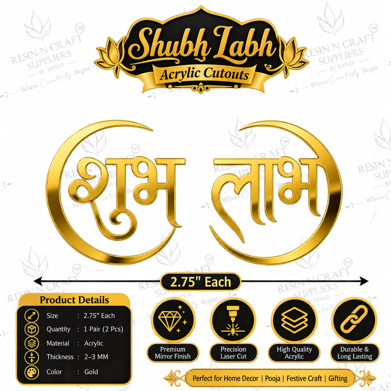 Shubh Labh Minimal Gold Acrylic Cutout – Premium Pair