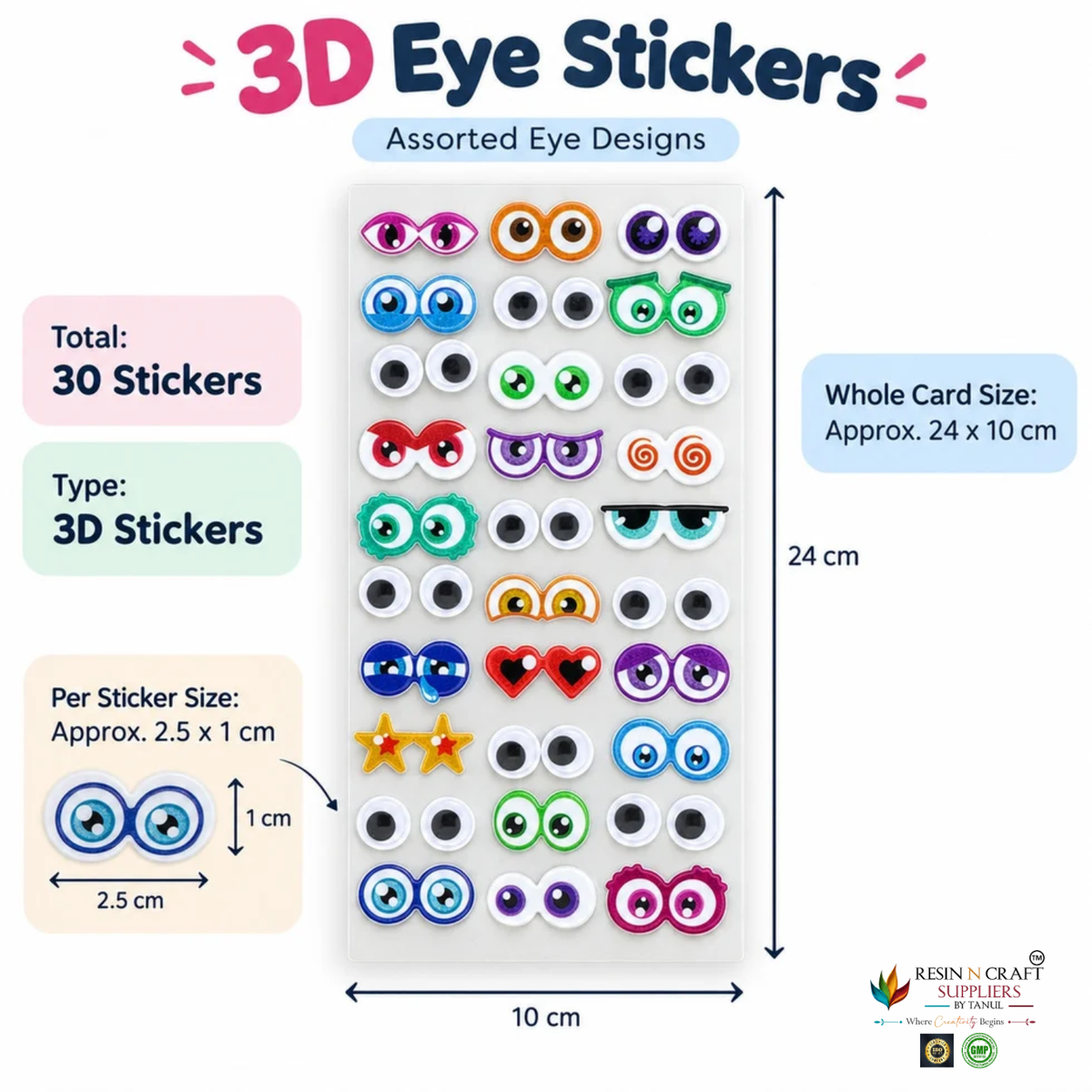 3D Eye Stickers – Assorted Multicolour Designs | 30 Pcs
