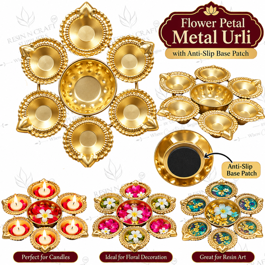 Flower Petal Metal Urli for Candle Art & Decoration | Golden 7-Diya Candle Holder with Anti-Slip Base
