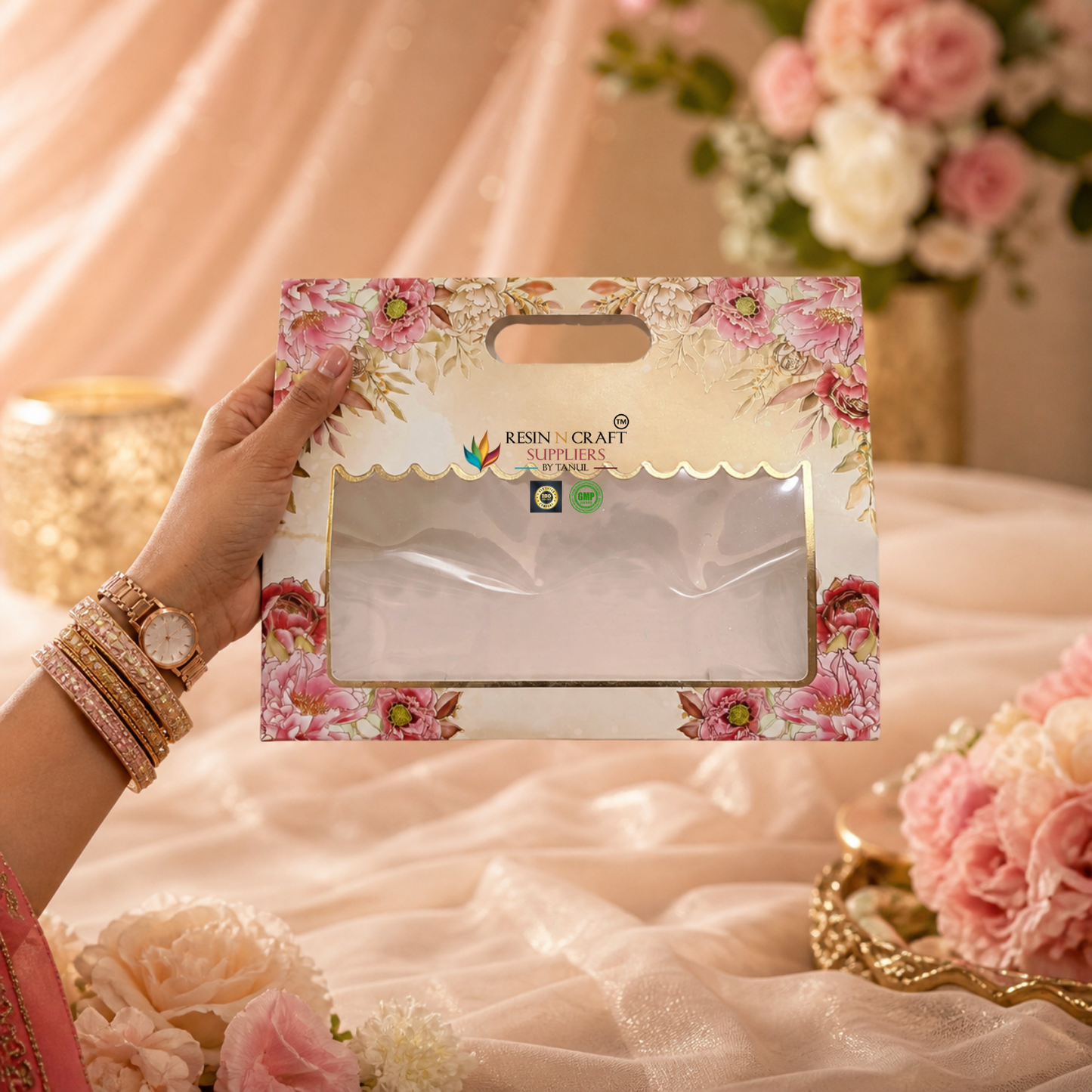 Premium Floral Card Paper Bag Style Gift Hamper Box with Window & Handle (3 Jar Capacity)
