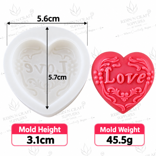 3D Love Heart Silicone Mould – Elegant Floral & Scroll Design Handmade Mould (RHM0018M)