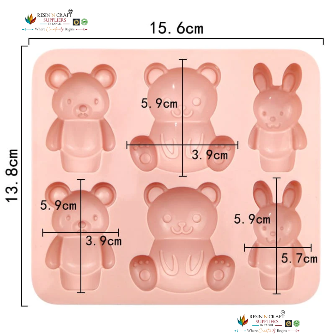6 Cavity Cartoon Teddy Bear & Bunny Rabbit Tray Mould for DIY Concrete Art, Resin Crafts, Soap Making & Cake Making Silicone Mould (RSM1431M)
