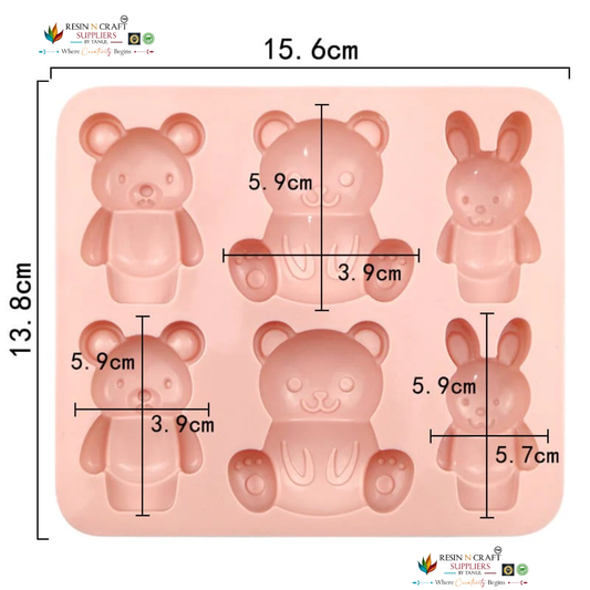 6 Cavity Cartoon Teddy Bear & Bunny Rabbit Tray Mould for DIY Concrete Art, Resin Crafts, Soap Making & Cake Making Silicone Mould (RSM1431M)