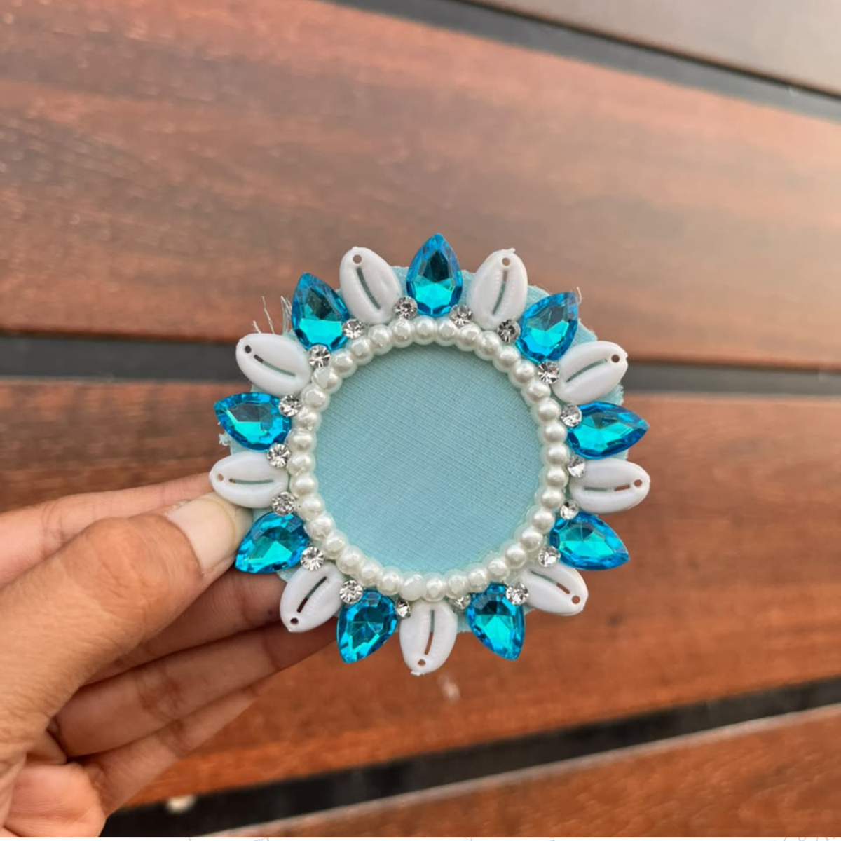 Aqua Blue Shell & Stone Floral Patch – Pearl & Rhinestone Embellishment for Toran, Bandhanwar & Resin Art