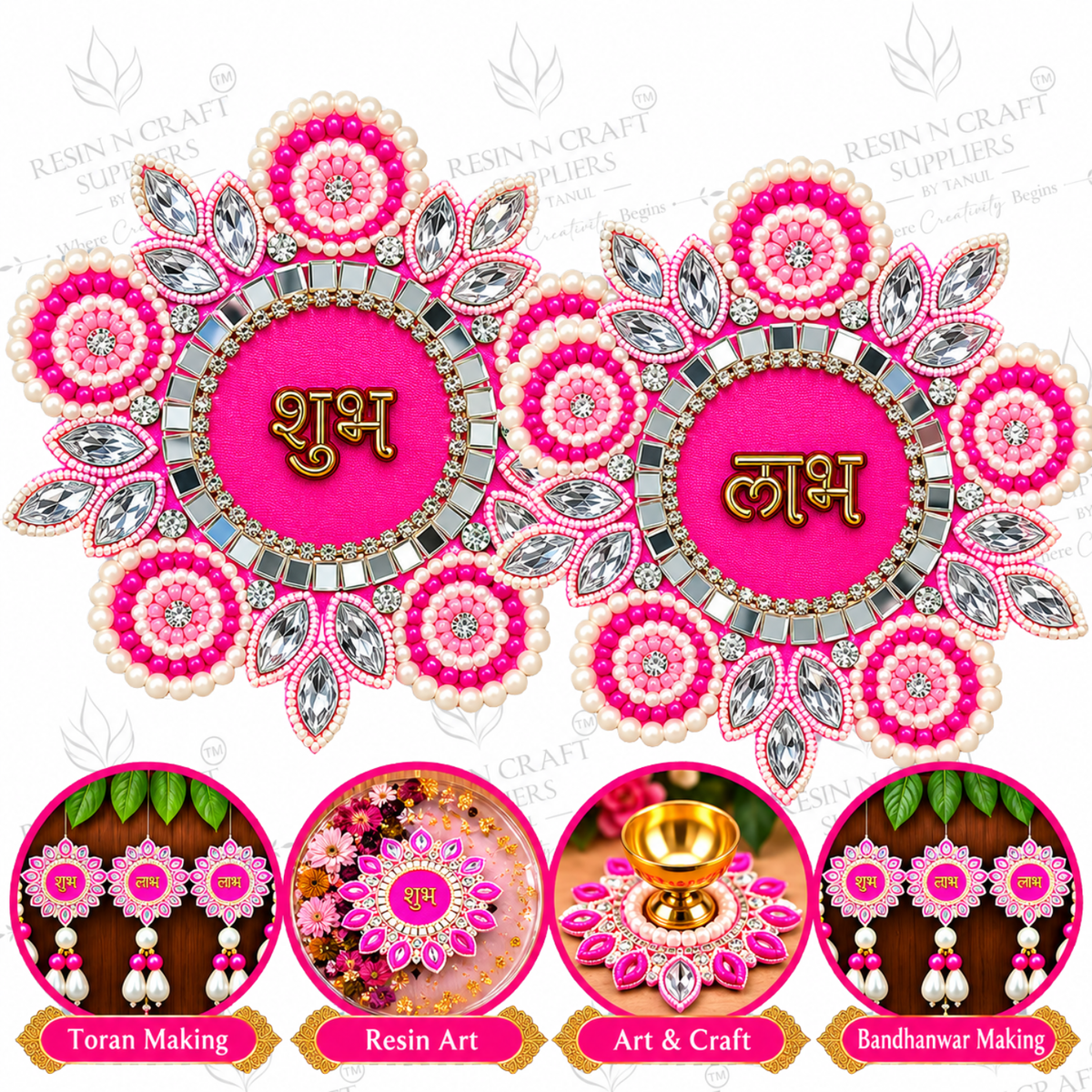 Pink Shubh Labh Beaded Stone Patch Pair – Decorative Patch for Toran, Bandhanwar & Resin Art