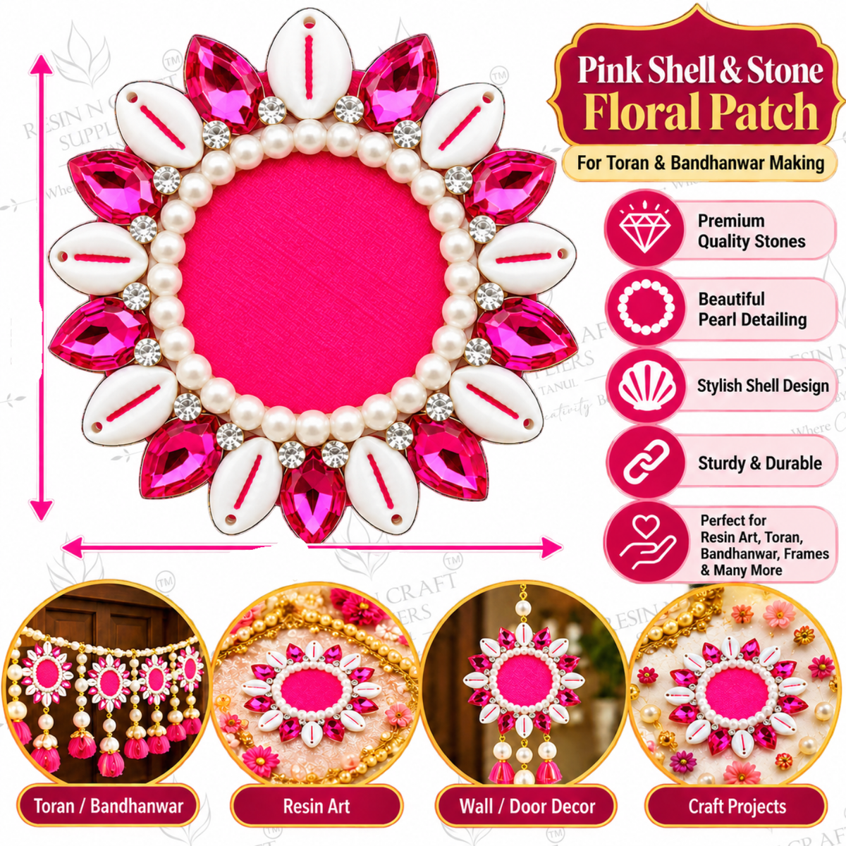 Pink Shell & Stone Floral Patch – Pearl & Rhinestone Embellishment for Toran, Bandhanwar & Resin Art
