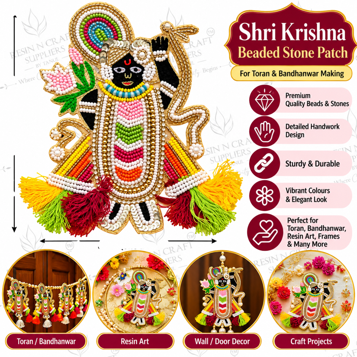 Shri Krishna Beaded Stone Patch – Decorative Krishna Patch for Toran, Bandhanwar & Resin Art