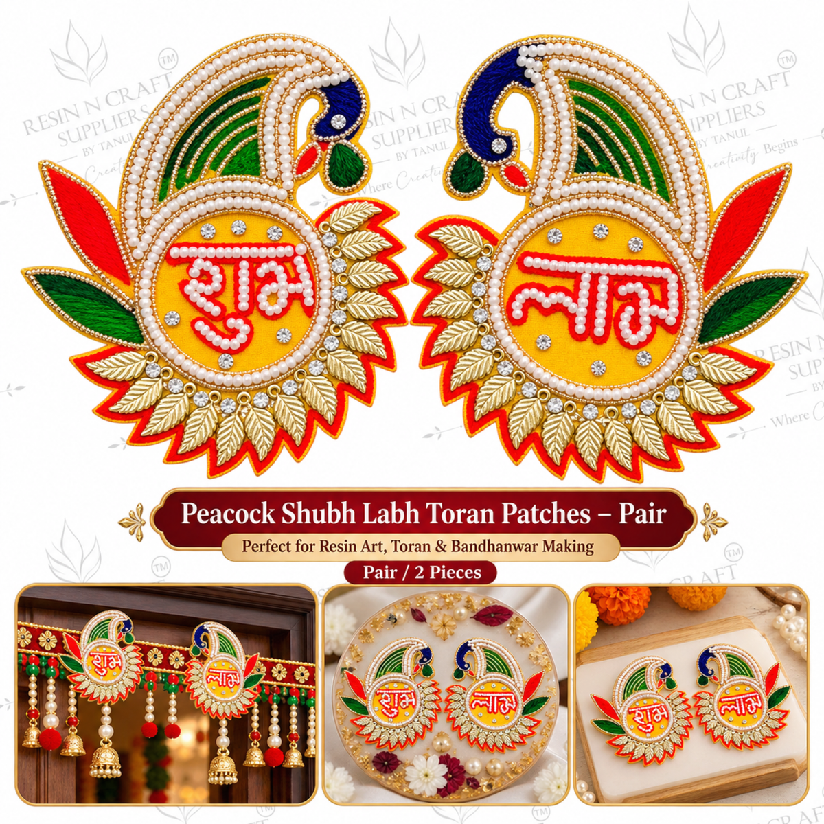 Peacock Shubh Labh Toran Patches – Pair of 2 | Beaded Stone Patches for Toran, Bandhanwar & Resin Art