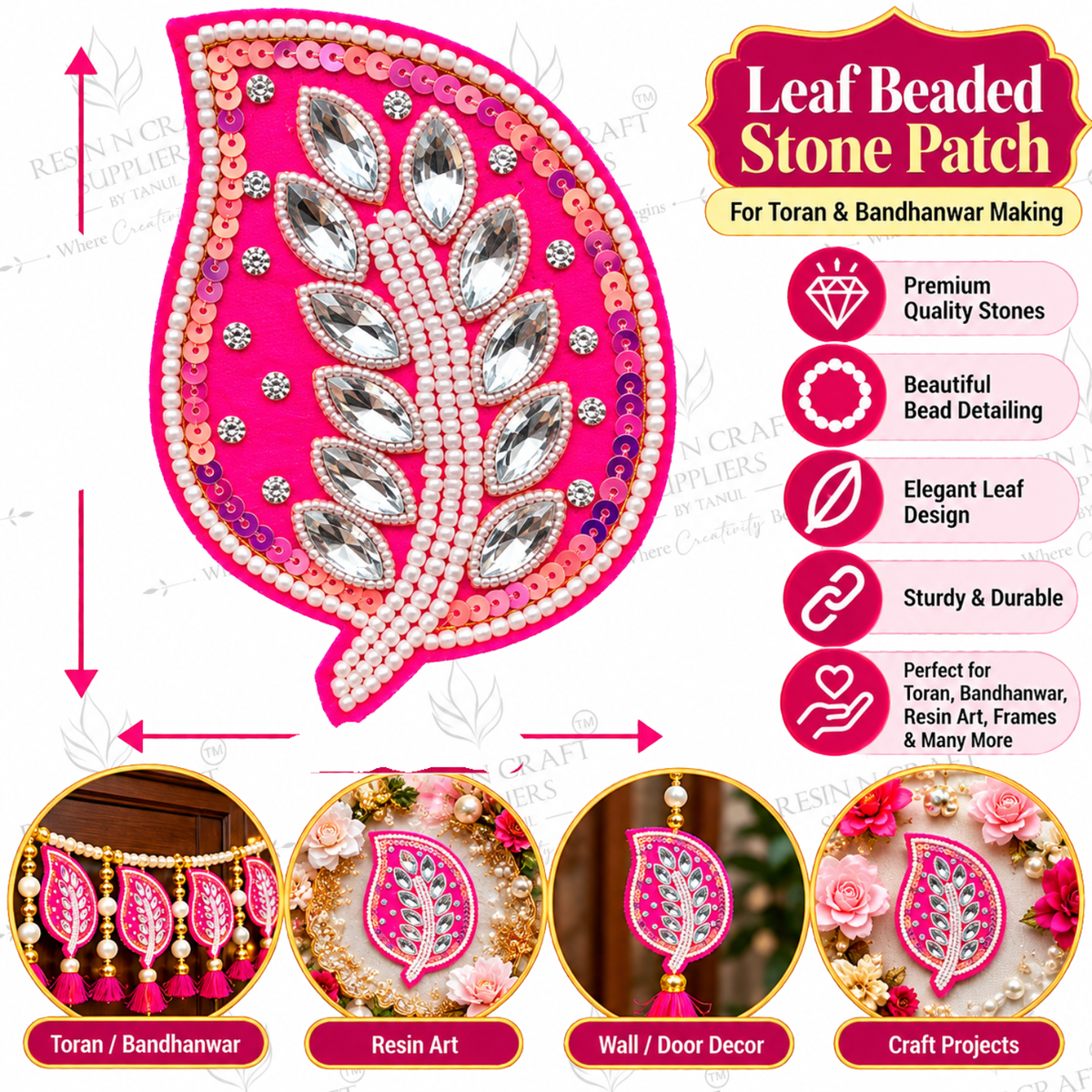 Leaf Beaded Stone Patch – Decorative Leaf Patch for Toran, Bandhanwar & Resin Art