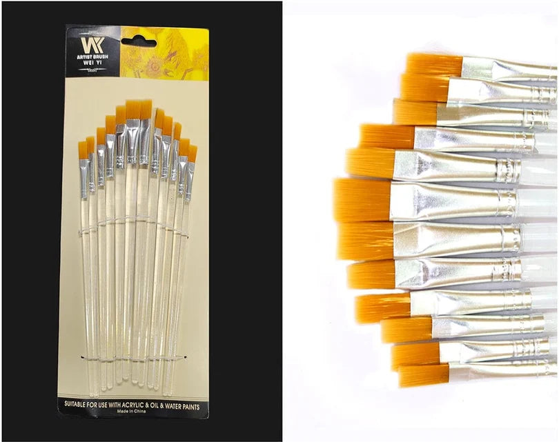 12 Pc Flat Brush Clear Handle Set