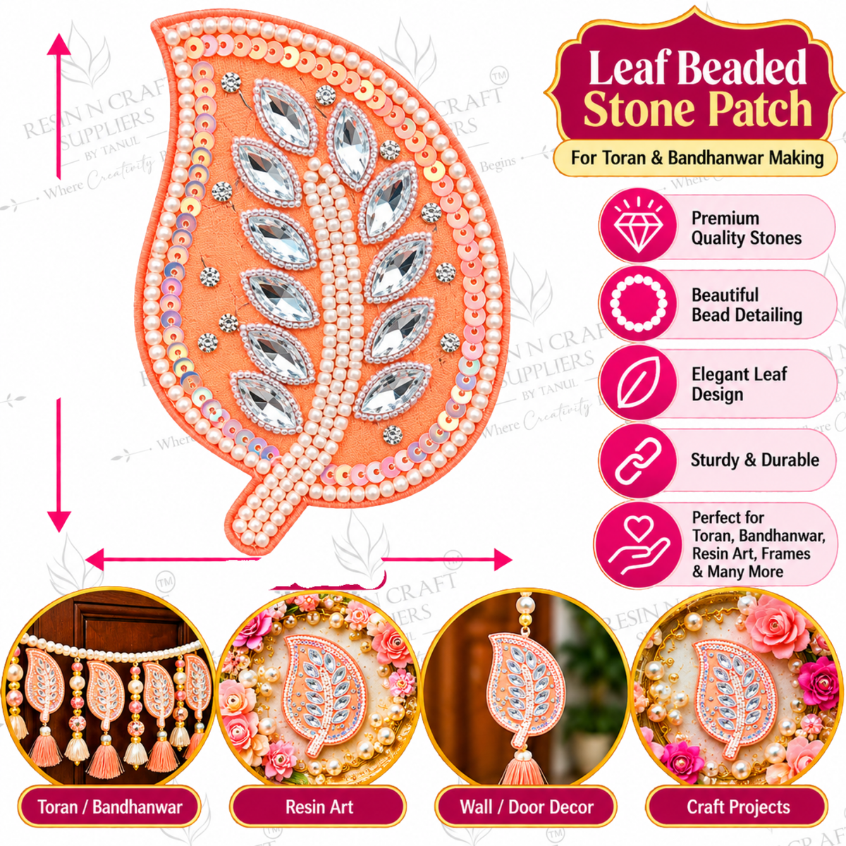 Leaf Beaded Stone Patch – Decorative Leaf Patch for Toran, Bandhanwar & Resin Art