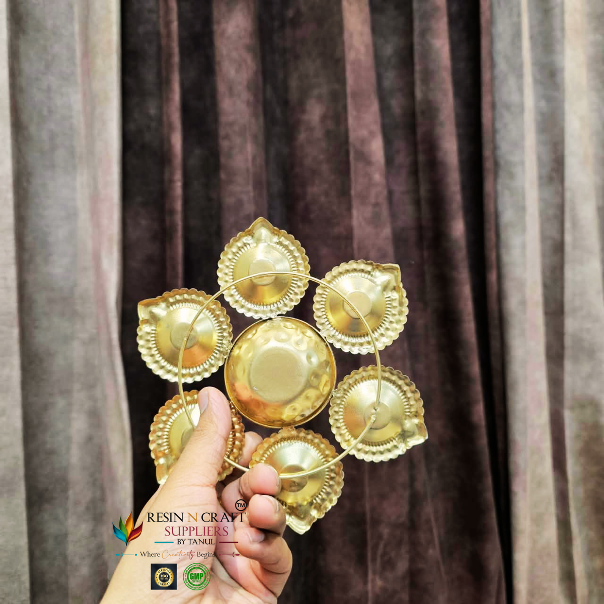 Flower Petal Metal Urli for Candle Art & Decoration | Golden 7-Diya Candle Holder with Anti-Slip Base