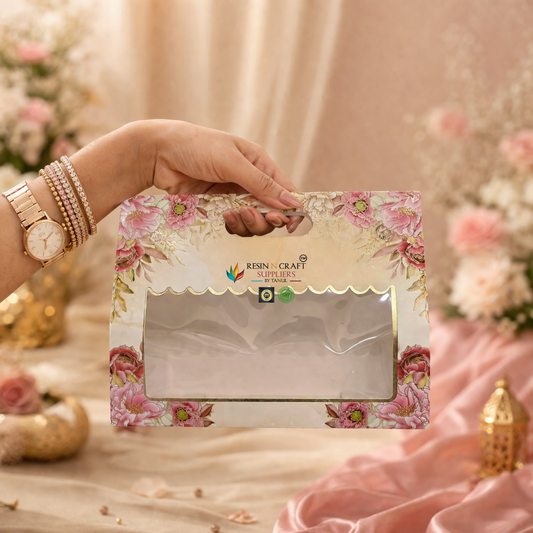 Premium Floral Card Paper Bag Style Gift Hamper Box with Window & Handle (3 Jar Capacity)