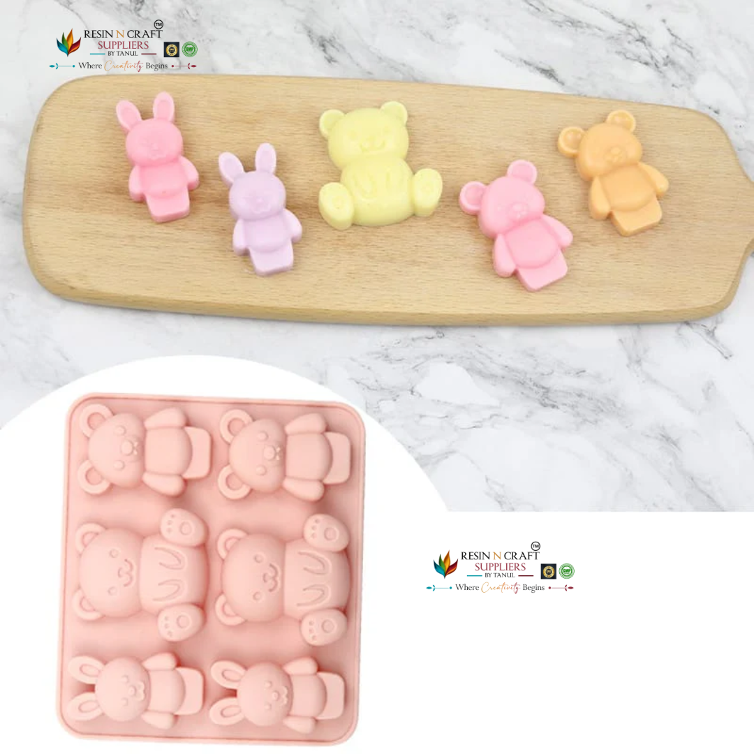 6 Cavity Cartoon Teddy Bear & Bunny Rabbit Tray Mould for DIY Concrete Art, Resin Crafts, Soap Making & Cake Making Silicone Mould (RSM1431M)