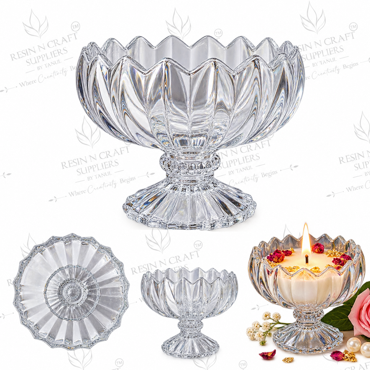 Premium Lotus Petal Glass Candle Bowl with Footed Base | Dessert, Smoothie & Wine Candle Container | Resin Art & Hamper Décor