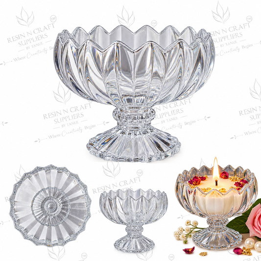 Premium Lotus Petal Glass Candle Bowl with Footed Base | Dessert, Smoothie & Wine Candle Container | Resin Art & Hamper Décor