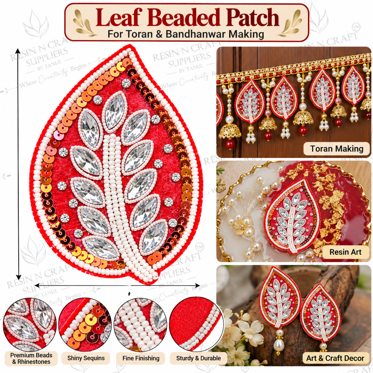Red Leaf Beaded Patch – Decorative Leaf Patch for Toran, Bandhanwar & Resin Art