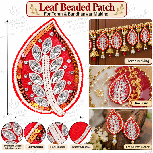 Red Leaf Beaded Patch – Decorative Leaf Patch for Toran, Bandhanwar & Resin Art