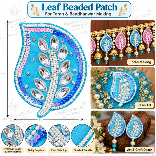 Blue Leaf Beaded Patch – Decorative Leaf Patch for Toran, Bandhanwar & Resin Art
