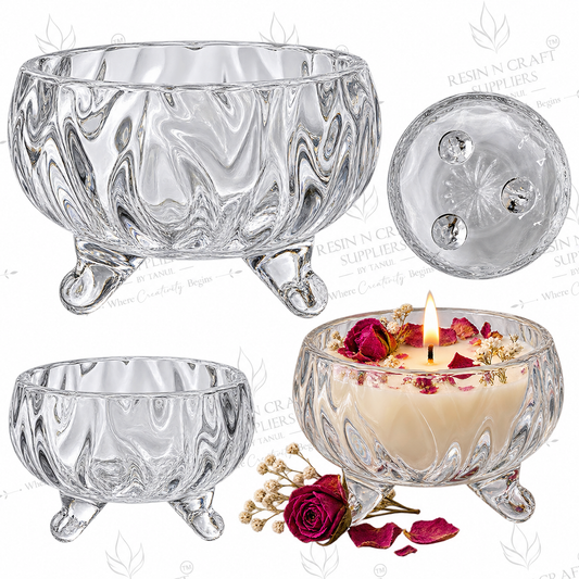 Premium Ripple Glass Candle Bowl with 3 Legs | Dessert, Smoothie & Wine Candle Container | Resin Art & Hamper Décor