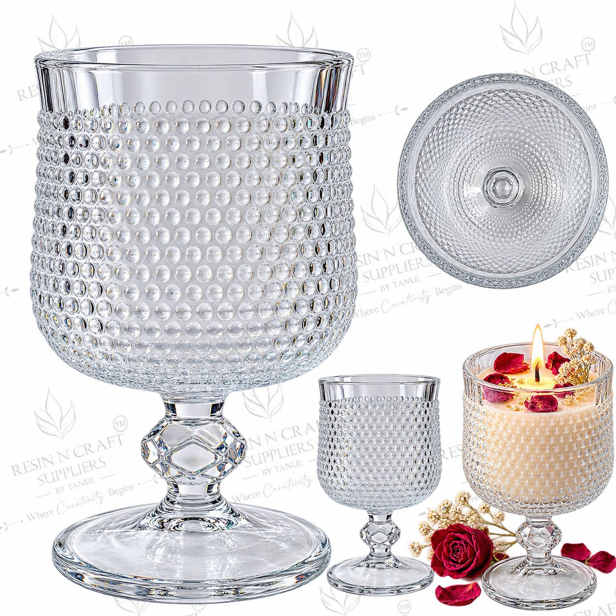 Beaded Pedestal Glass Candle Jar | Wine Glass Style Candle Container for Candle Making, Hampers & Resin Art