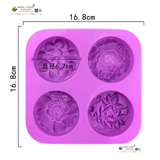 4 Cavity Round Flower Floral Mould for DIY Concrete Art, Resin Crafts, Soap Making & Cake Making Silicone Mould RSM1434M
