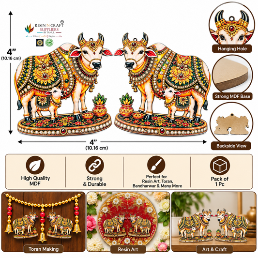 Cow & Calf MDF Cutout Pair 4×4 Inch – Pack of 2 | Gau Mata MDF Cutout for Resin Art, Toran, Bandhanwar & Décor