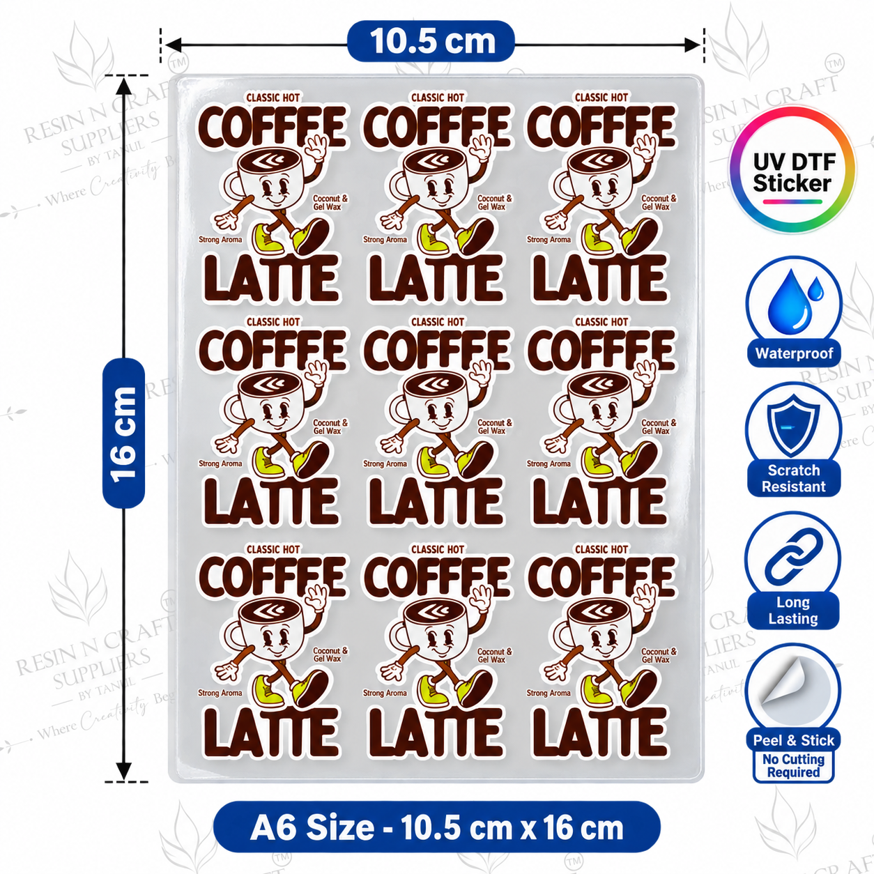 Classic Coffee & Latte Peel & Stick UV DTF Sticker Sheet A6 – Coffee Cup Stickers for Bottles, Tumblers & Cafés | UVS-183