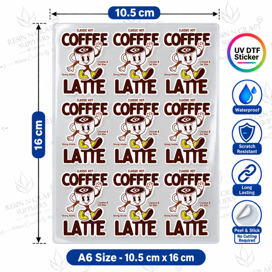 Classic Coffee & Latte Peel & Stick UV DTF Sticker Sheet A6 – Coffee Cup Stickers for Bottles, Tumblers & Cafés | UVS-183