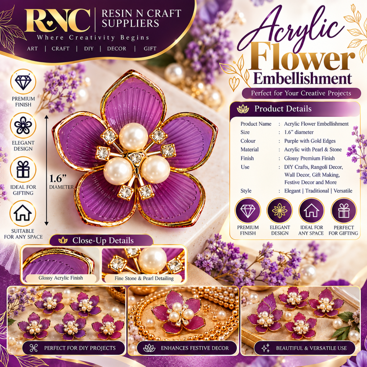 Acrylic Flower Embellishment – Premium Decorative Craft Accessory / Colourful Plastic Flower