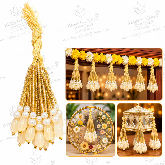 Golden Bead Latkan with Cream Pearl Beads Pack of 10 | Mala Latkan for Toran & Bandhanwar Making