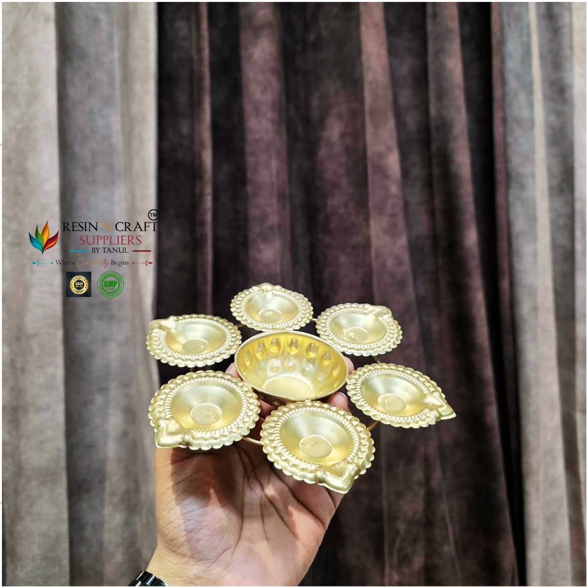 Flower Petal Metal Urli for Candle Art & Decoration | Golden 7-Diya Candle Holder with Anti-Slip Base