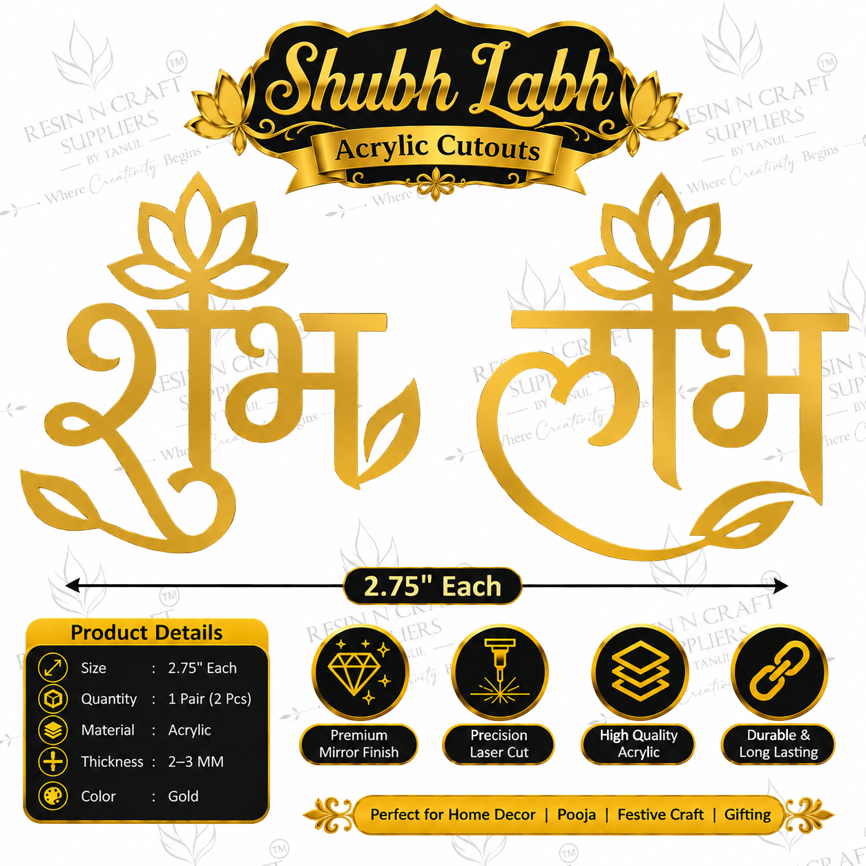 Shubh Labh Floral Gold Acrylic Cutout Pair – Premium Festive Décor