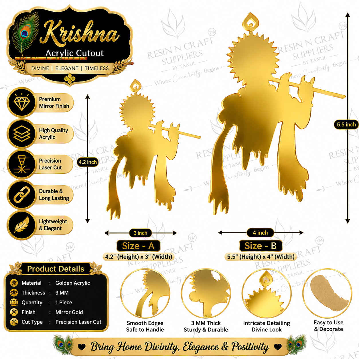 Krishna Gold Acrylic Cutout – Divine & Elegant Spiritual Décor