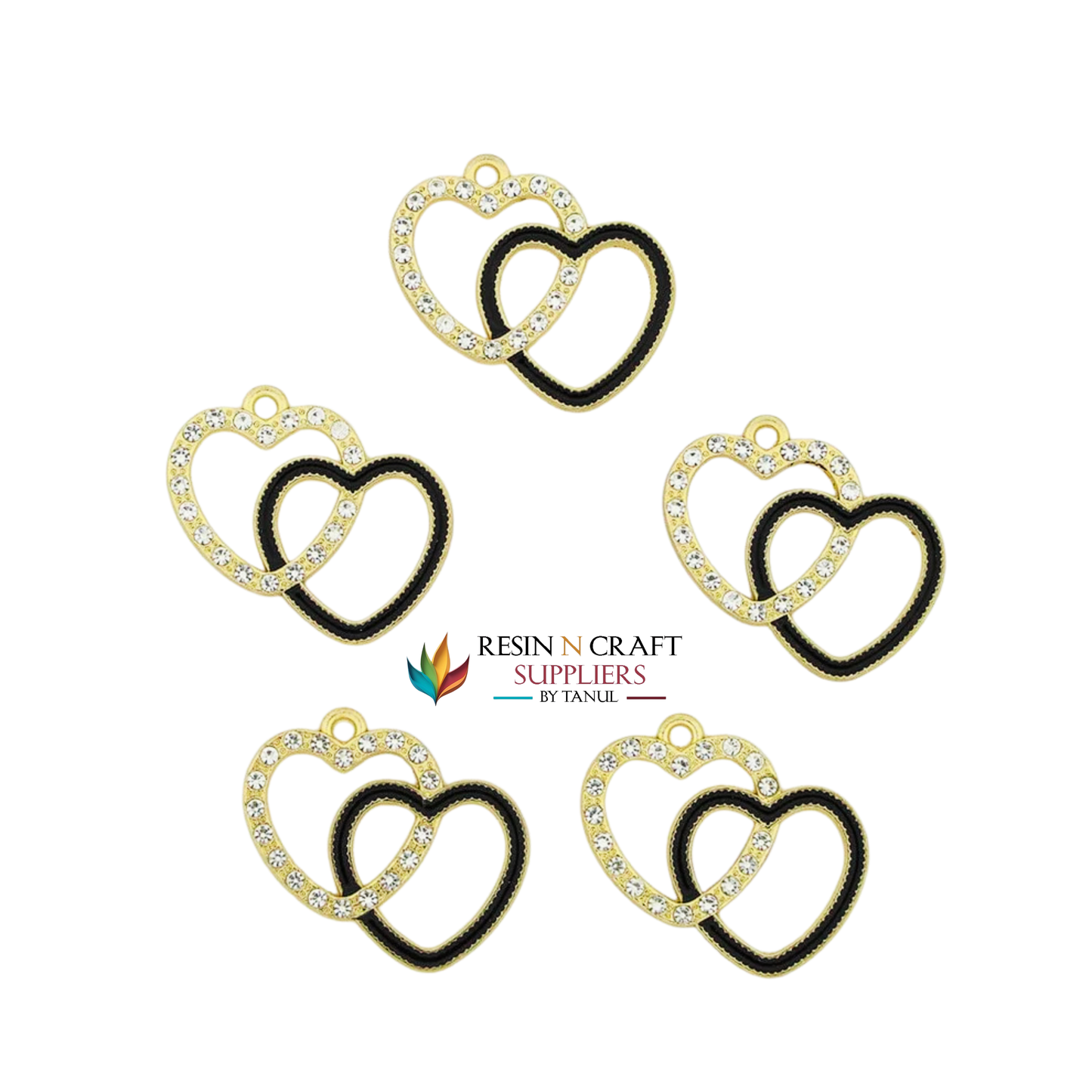 5Pcs Interlinked Heart Charm Bezels With Black Enamel. (RBZ299) (GOLD)