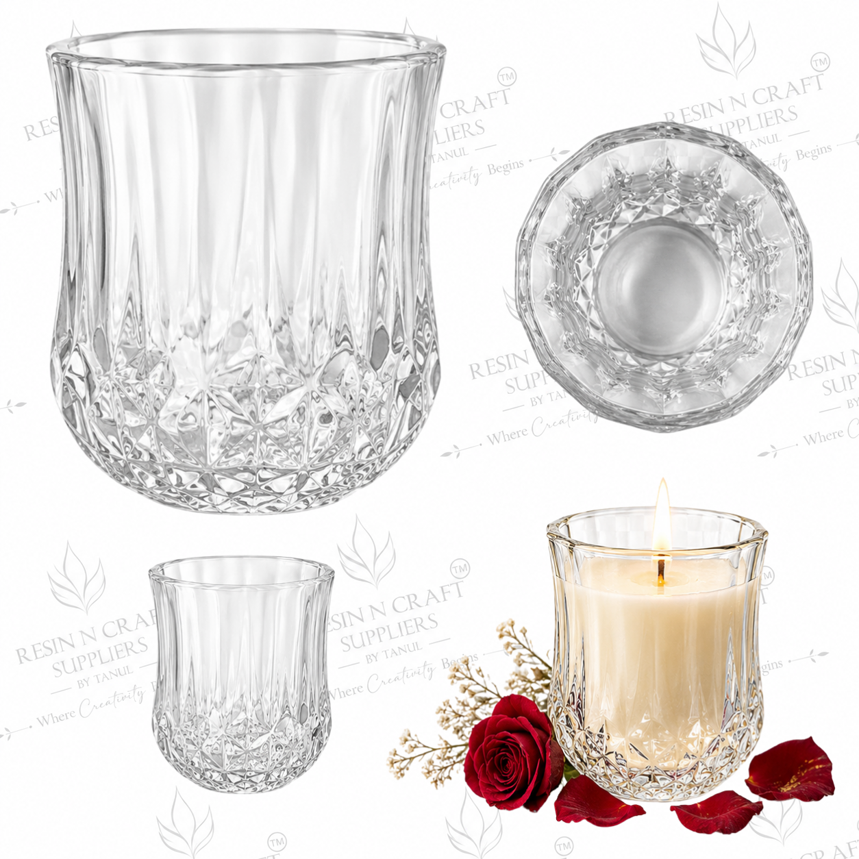 Crystal Diamond Cut Glass Candle Jar | 2.2 Inch Decorative Glass Candle Vessel for Wine & Smoothie Candles, Hampers, Resin Décor & Gifting