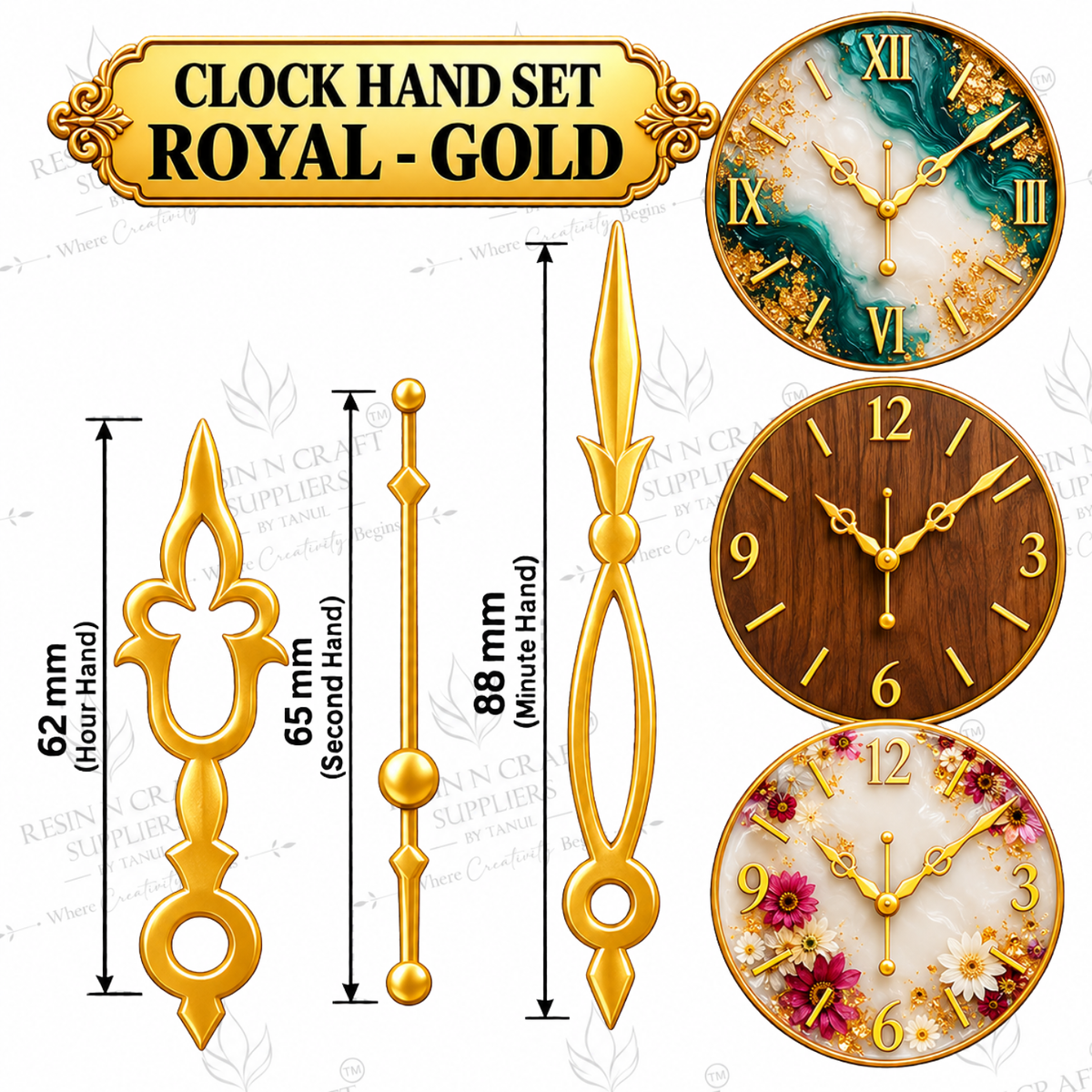 Clock Hand Set Royal - Gold | Decorative Gold Clock Hands for Wall Clock Making