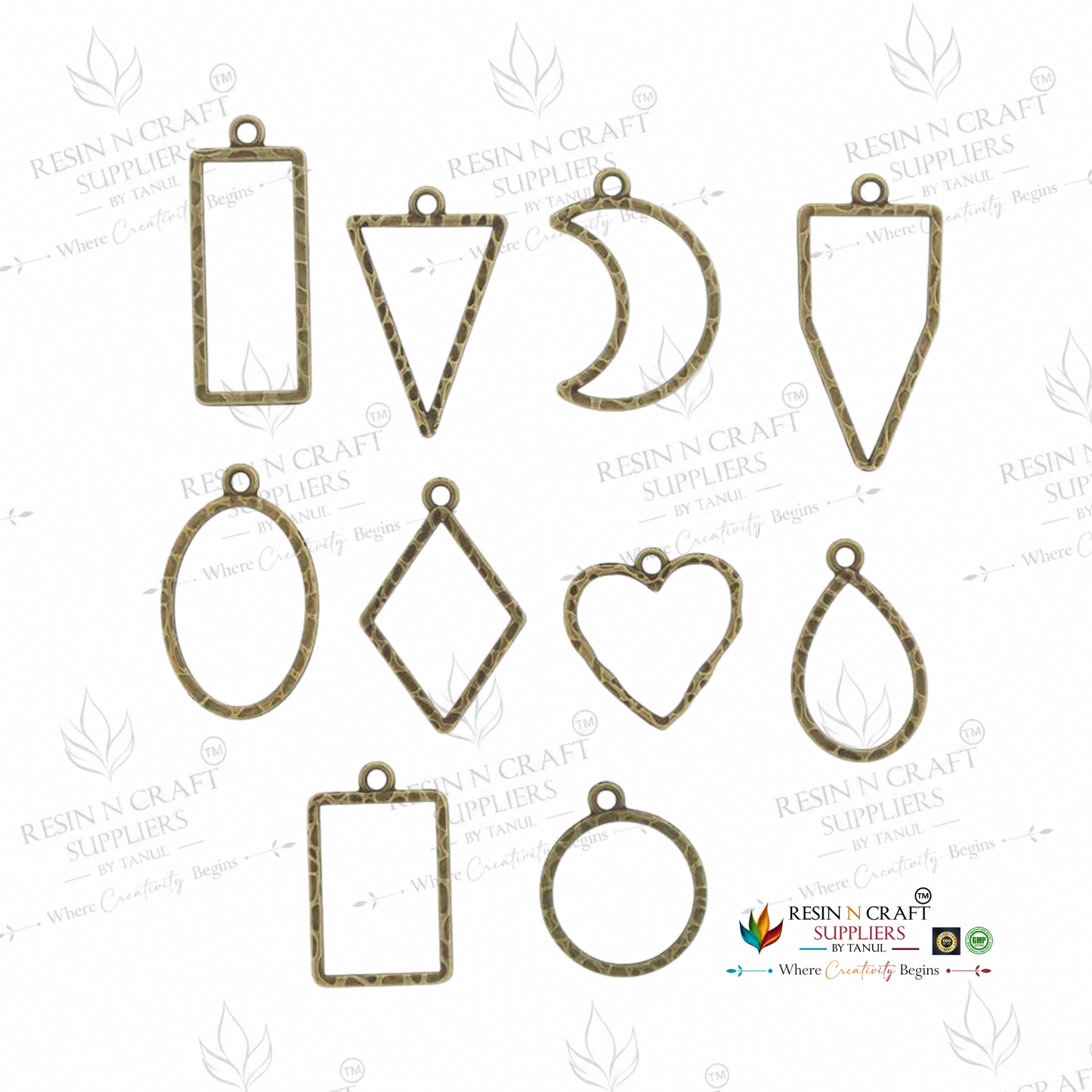 10 in 1 Antique Embossed Open Bezel Set | Mixed Shape UV Resin Pendant Frames | Vintage Metal Jewellery Making Charms | 10 Pieces