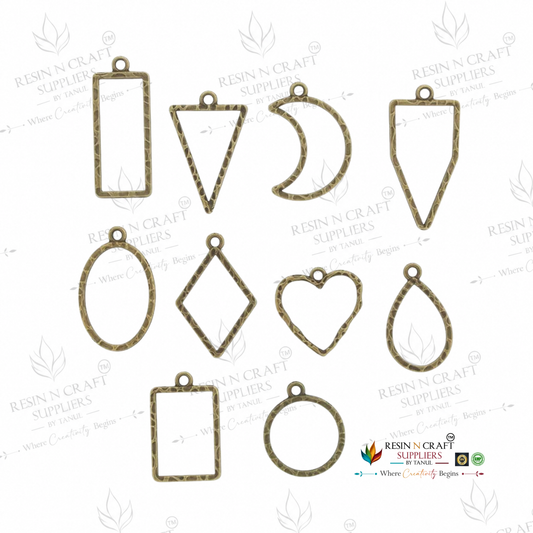 10 in 1 Antique Embossed Open Bezel Set | Mixed Shape UV Resin Pendant Frames | Vintage Metal Jewellery Making Charms | 10 Pieces