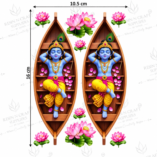 Krishna Boat & Lotus Peel & Stick UV DTF Sticker Sheet A6 – Kanha Ji Religious Stickers for Bottles, Tumblers & Décor | UVS-191