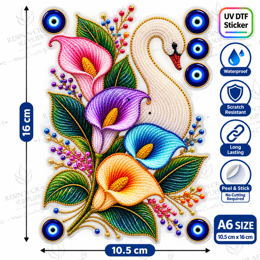Swan & Floral Peacock Eye Peel & Stick UV DTF Sticker Sheet A6 – Decorative Stickers for Bottles, Tumblers & Crafts | UVS-189