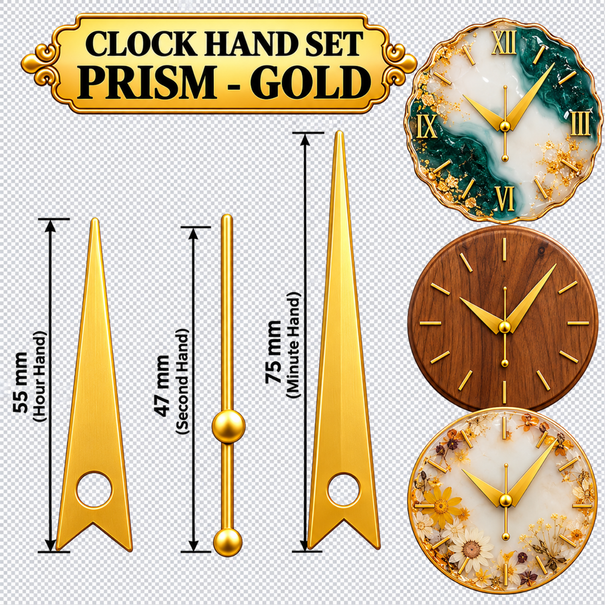 Clock Hand Set Prism Gold | 75mm Decorative Gold Clock Hands for Resin Clocks