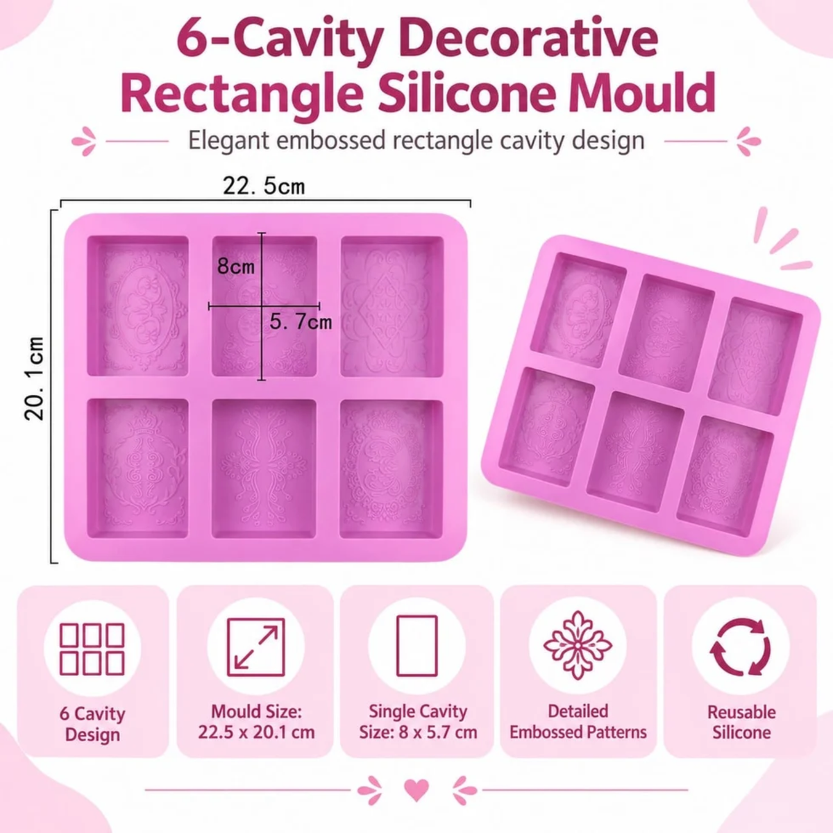 6-Cavity Decorative Rectangle Silicone Mould for Concrecast Art – 22.5 × 20.1 CM | Embossed Pattern Designs(RSM1499M)